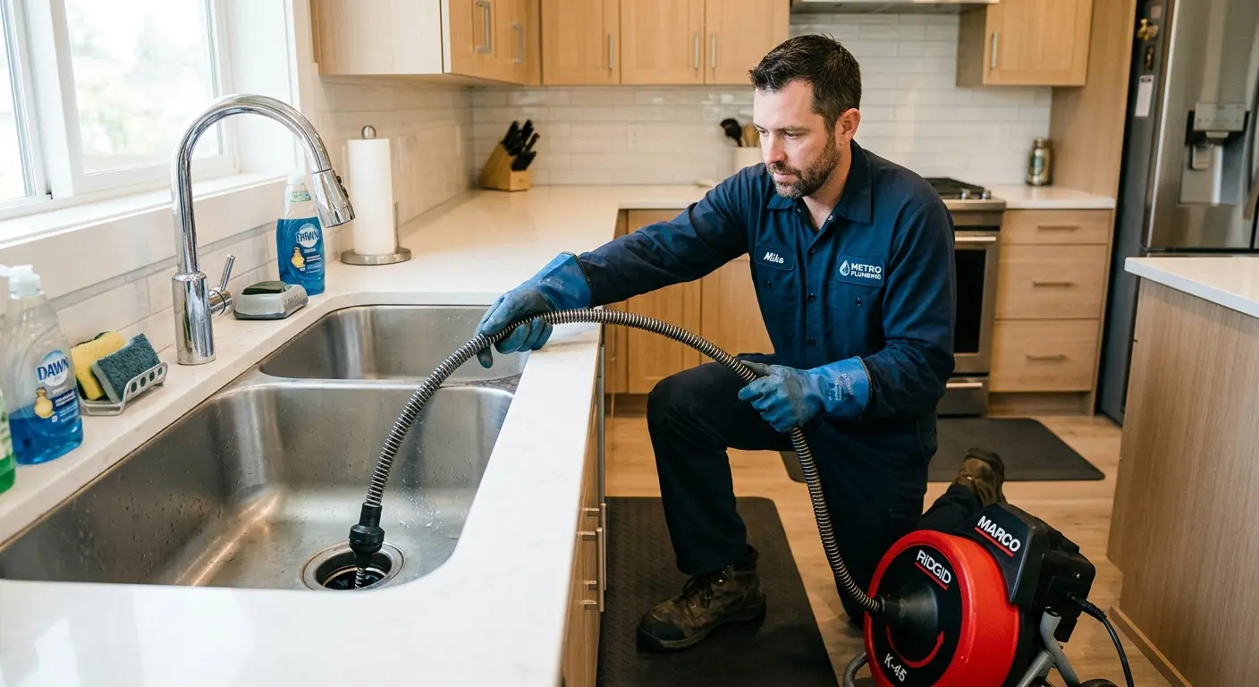 Drain cleaning technician using a motorized snake on a kitchen sink in Ogdensburg