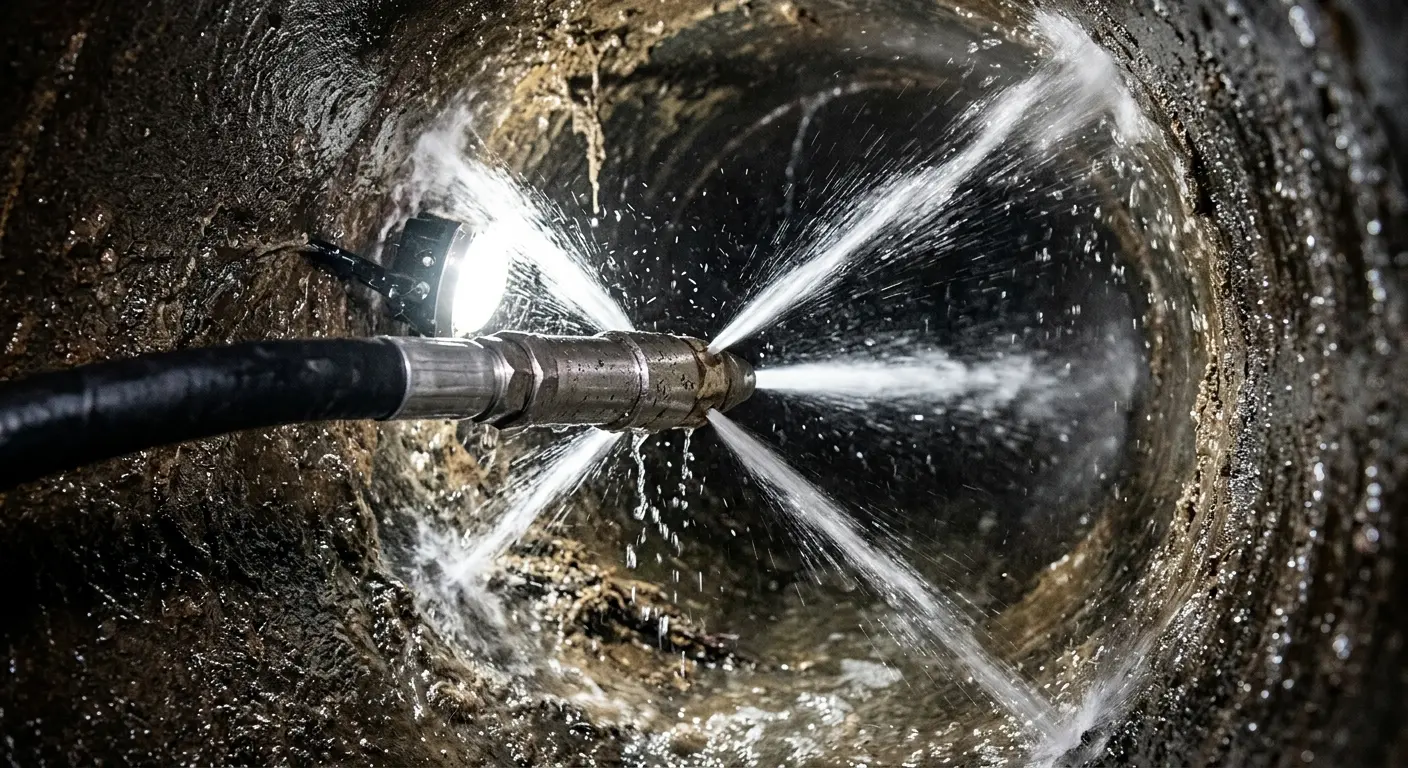 High-pressure hydro jetting nozzle cleaning sewer pipe for Sewer Cleanout in Ogdensburg