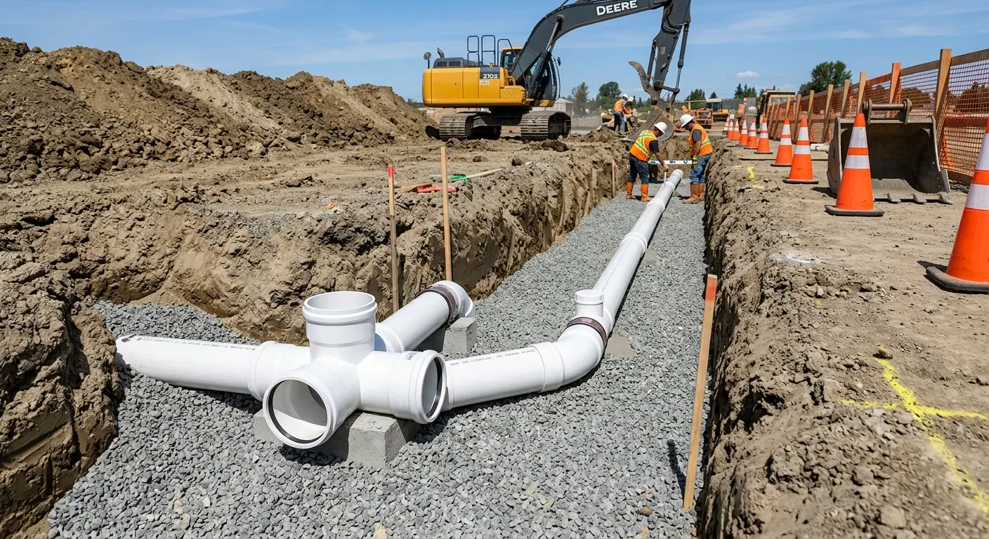 New PVC sewer pipe installation in open trench for Grease Trap Cleaning in Ogdensburg