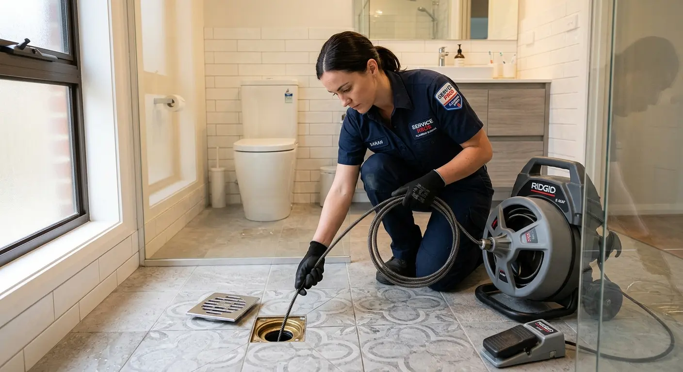Technician clearing a bathroom floor drain for Hydro Jetting in Ogdensburg